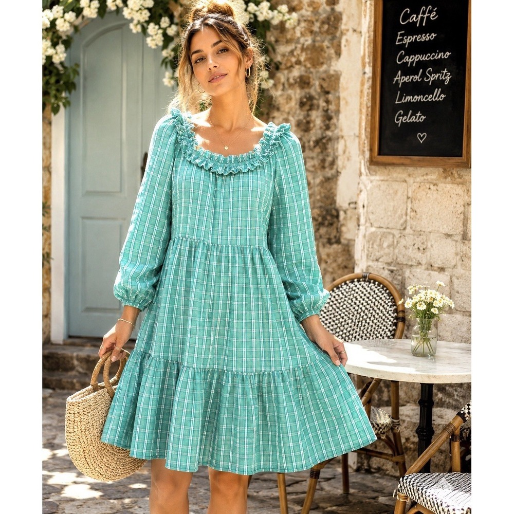 J. Crew Tiered Ruffle Green Gingham Seersucker Cotton Dress Sz 8 Cottagecore